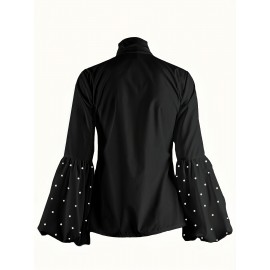 Pearl Detail Chic High Neck Long Sleeve Shirt - Polyester-Spandex Blend, Solid Color, Regular Fit, Woven Fabric, Ideal for Spring/Fall - Women'S Fashion