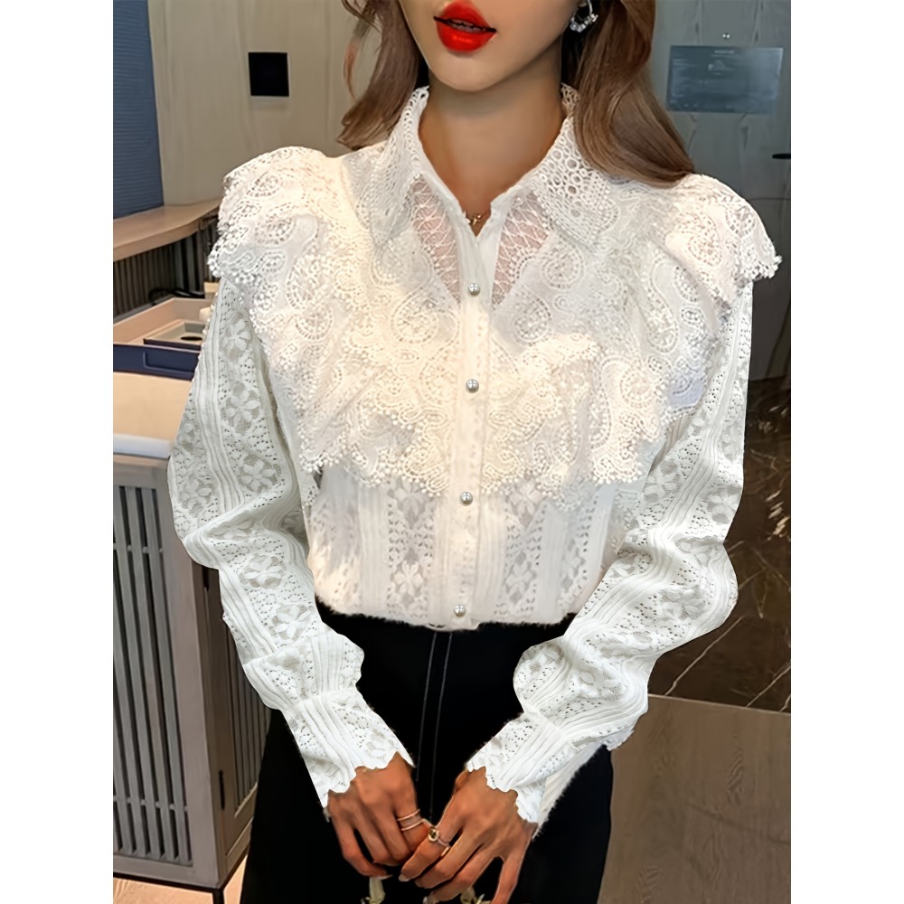 [Elegant Lace Blouse] White Elegant French Lace Blouse | Long Sleeve, Polo Neck, Intricate Lace Detail, Perfect for Casual Weekend Attire