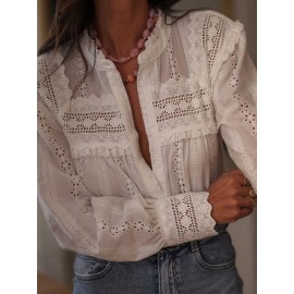 Women'S French-Inspired Elegant Long Sleeve Blouse with Lace Detailing - Round Neck, Button-Up Shirt in White, Perfect for Spring/Summer/Fall, Casual to Formal Wear, Casual Attire | Frenchinspired Blouse | Lace Detailing, Ladies Blouses
