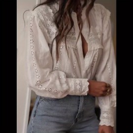 Women'S French-Inspired Elegant Long Sleeve Blouse with Lace Detailing - Round Neck, Button-Up Shirt in White, Perfect for Spring/Summer/Fall, Casual to Formal Wear, Casual Attire | Frenchinspired Blouse | Lace Detailing, Ladies Blouses