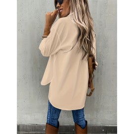 [Casual Button-Up Shirt] Relaxed Fit Women's Casual Long Sleeve Button-Up Shirt | Solid Color, 3/4 Sleeve Design with Chest Pocket, Versatile All-Season Top for Casual Attire