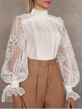 Women'S Elegant Lace-Trimmed Blouse with Puff Sleeves & High Neck - Chic White & Beige Contrast Design, Perfect for Spring/Summer/Fall, Versatile Fashion Top, Spring Summer Fashion, Sophisticated Style, Intricate Lace Detailing
