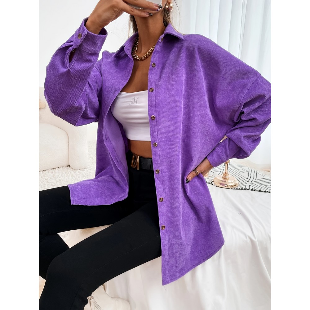 1pc Elegant Solid Color Corduroy Drop Shoulder Long Sleeve Shirt for Women, Polyester, Button-Up Front, Spring/Autumn Season, Adult Casual Loose Fit Top