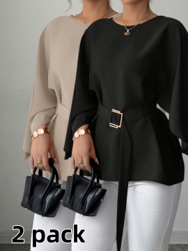 2pcs Women'S French Style Round Neck Batwing Sleeve Blouse with Waist Tie - Elegant Solid & Tunic Shirts, All-Season Layering Tops for Casual & Formal, Versatile Clothing, Classic Design, Stylish Shirt, Fashion Lovers, Office Wear