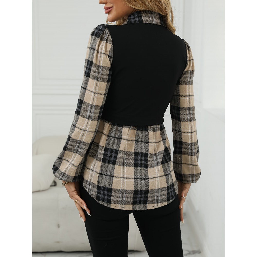 [Elegant Plaid Shirt] Elegant Geometric Plaid Print Button-Up Shirt for Adults - Autumn Casual & Formal Wear with Classic Collar, Machine Washable, Black & Beige Contrast