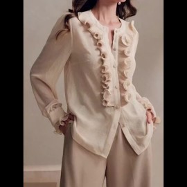 Women'S French-Inspired Elegant Long Sleeve Shirt with Ruffled Cuffs - Round Neck Pleated Design, Lightweight Beige Blouse for Spring Summer Fall, Versatile for Valentine'S Day, Vacation & Business Casual Outfits, Vacation Clothing, Soft Texture Top