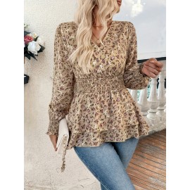 [Retro Floral Print Shirt] 100% Polyester Women's Elegant Retro Floral Print Shirt | Waist-Cinching, Criss Cross Neck, Woven Shirting for Outdoor & Autumn Season
