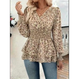 [Retro Floral Print Shirt] 100% Polyester Women's Elegant Retro Floral Print Shirt | Waist-Cinching, Criss Cross Neck, Woven Shirting for Outdoor & Autumn Season