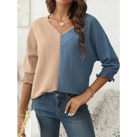 Elegant Color Block V-Neck Blouse for Women - Breathable Polyester, Machine Washable - Perfect for Spring/Summer/Fall