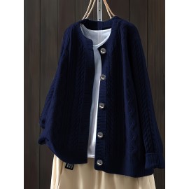 Women'S Vintage Cable Cardigan - Navy Button-Front Sweater with Ribbed Collar, Long Sleeve Casual Open Front Sweater for Spring/Fall, Office, Party