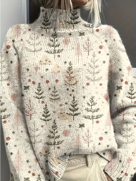 [Elegant High-Neck Sweater] Soft Beige, Women's Elegant High-Neck Sweater with Tree Print | Long Sleeve, All-Season Wear, Perfect for Casual or Chic Outfits, Versatile Clothing | Chic Knitwear | Texture