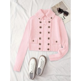 Multi-button decorated large zipper stand-up collar slim-fit cardigan