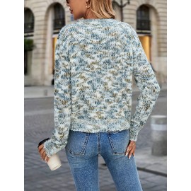 Women's Autumn Winter Sweater - Middle Eastern-Inspired Gradient Color Block Design, Soft Round Neck Long Sleeve Pullover, Elegant Casual Chic Top for Versatile Outfits, Sweater