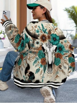 Women's Plus-Size Western Bohemian Cow Skull & Floral Print Jacket - Beige & Teal Cowboy Coat with Button Front, Long Sleeve Bomber for Country Concerts, Fall Winter Outfits - Machine Washable Outerwear