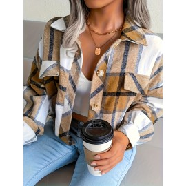 Women's Plus Size Sporty Loose Fit Casual Plaid Shirt Jacket - Long Sleeve Button-Up Front with Golden-Tone Buttons, Classic Collar & Machine Washable, Blue/White/Black/Beige for Fall Winter Layering, Autumn Apparel, Durable Fashion, Casual Attire, Quality Stitching, Everyday Outfit