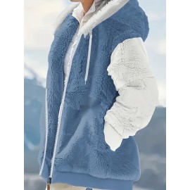 Women'S Plus Size Thick Plush Hooded Coat with Pockets - Solid Color Sporty Winter Jacket, Adjustable Drawstring Hood & Long Sleeves for Autumn & Winter, Cozy Casual Outerwear, Winter Jacket, Cold Weather Apparel, Durable Warmth