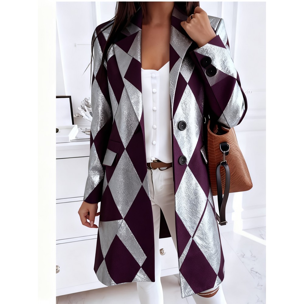 Plus-Size Women's Winter-Ready Houndstooth Jacket - & White Collar Coat with Button-Front Closure, Chest Pocket & Machine Washable - Casual to Professional Outerwear (Diamond Pattern) for, Office, or Casual Attire