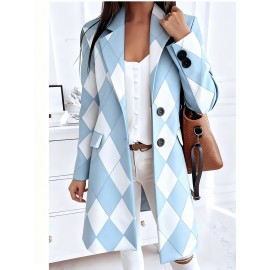 Plus-Size Women's Winter-Ready Houndstooth Jacket - & White Collar Coat with Button-Front Closure, Chest Pocket & Machine Washable - Casual to Professional Outerwear (Diamond Pattern) for, Office, or Casual Attire