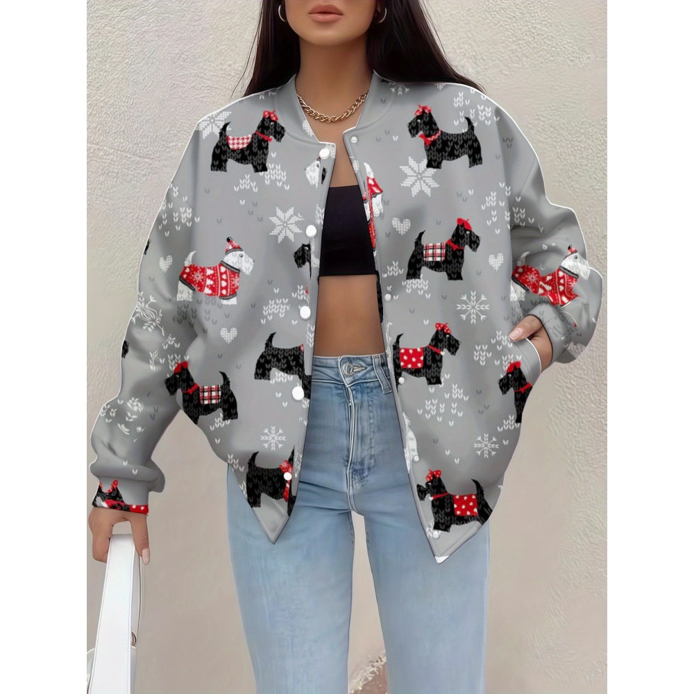 Plus Size Woman's Christmas Scottish Terrier & Snowflake Print Jacket - Winter Dog Coat with Button Front, Machine Washable Polyester Outerwear for Holiday Parties & Cold Weather