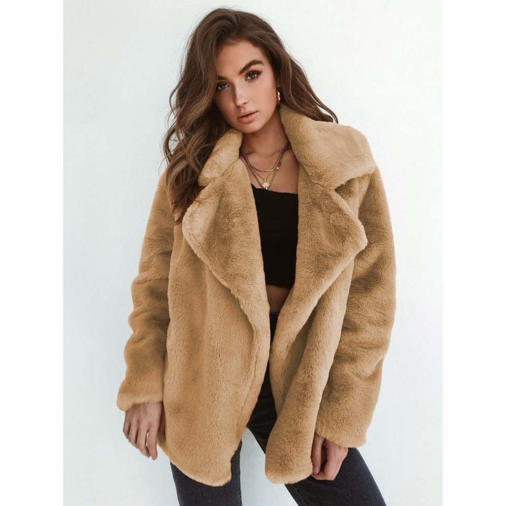 Women'S Plus-Size Elegant Plush Lapel Winter Jacket - Soft Brown/ - Open Front Coat with Classic Collar & Long Sleeves - All-Season Casual to Formal
