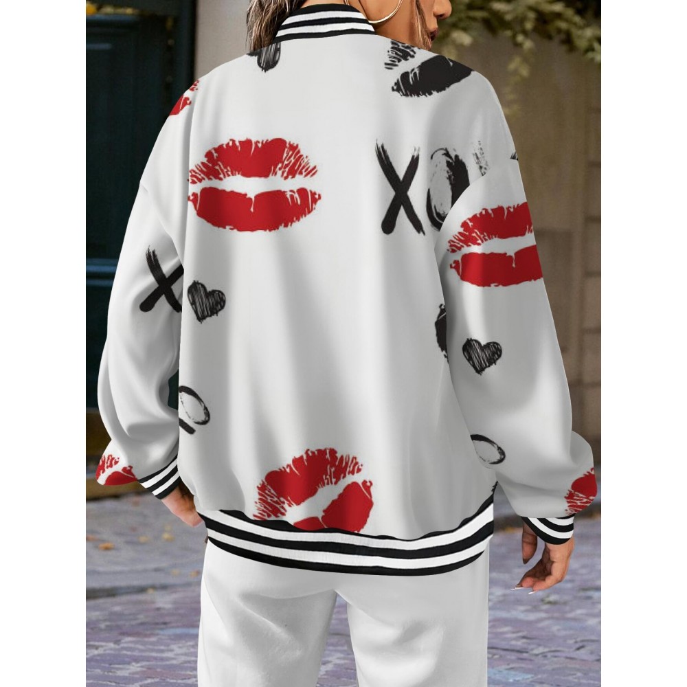 Plus Size Women's White XOXO Lip Print & Red Lips Heart Pattern Baseball Jacket - Cute Kiss Hug Design with Lipstick Kisses & XOXO Logo, Single-Breasted Long Sleeve Winter Coat, Casual Outerwear for Valentine's Day Gift