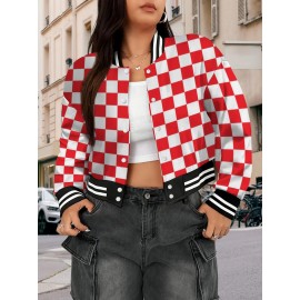 Women's & Unisex Retro Red White Checkered Baseball Jacket - Oversized Long Sleeve Gingham Top, Casual Streetwear Party Festival Outfit, Autumn Winter Warmth, Large Size Comfort Fit, Easy Care Hand Wash/Dry Clean (No Belt/Hardware), Seasonal Fashion, Vintage Aesthetic, Comfortable Fabric, Checkered Top, Fashion Enthusiasts