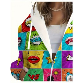 Women's 80s 90s Retro Pop Art Hooded Jacket - Full-Zip H-Line Winter Coat with Lips, Music Notes & Cassette Tapes Print, 3D All-Over Retro Design, Machine Washable Casual Themed Party Outfit (Vibrant 80s/90s Style)