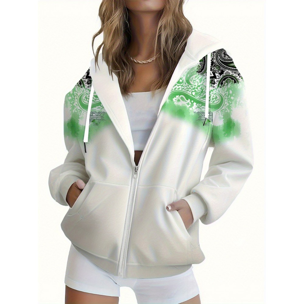 Women's 3D All-Over Floral Full-Zip Hooded Jacket - Green & Black Botanical Print Winter Coat, H-Line Silhouette Long Sleeve Zip-Up Hoodie, Machine Washable Outerwear for Fall & Winter Layering (Casual to Dressy)