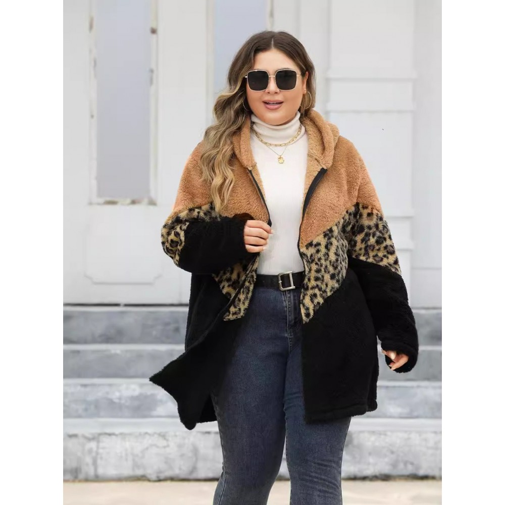 Women'S Plus-Size Leopard Print Hooded Jacket - Full-Zip Winter Coat with Full-Length Zipper, Warm Casual Outerwear, Cozy Fall & Winter Jacket for Everyday Outfits, Parties & Travel | Stylish & Comfortable Animal Print Outerwear