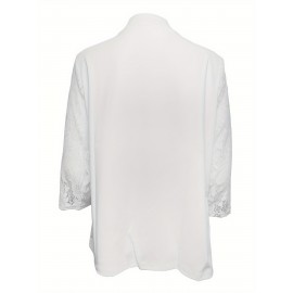 Plus Size - Women'S Elegant Lace Sleeve Blazer - Structured Lapel Collar Tailored Fit Cardigan, Solid Black with Contrast Lace Cuff & Hem, Spring Summer Casual to Semi-Formal Outerwear, Versatile for Everyday & Special Occasions, Lace Blazer for Women Plus Size, Plus Size Lace Blazer for Women Plus Size Coats And Jackets, Formal Lace Blazer for Women, Stretch Blazer For Women