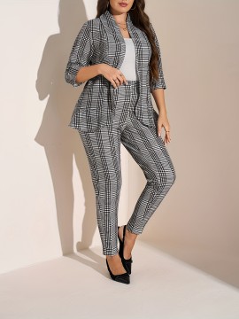 Plus Size - Women'S Plus Size Casual Plaid Suit Set - Open Front Blazer & Pants, Light Gray & White Checkered Pattern, Long Sleeve, Button-Up, Spring/Fall Office or Casual Attire, Casual Attire|Checkered Pattern|Slight Stretch Fabric