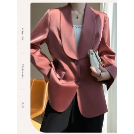 Plus Size - Women'S Luxury -Like Satin Loose-Fitting Suit Jacket - Thin Design Professional High-End Tailored Blazer, Solid Color Elegant Office & Formal Wear, Spring/Autumn Versatile Outerwear for Business, Weddings, Semi-Formal Events - Women'S Fa