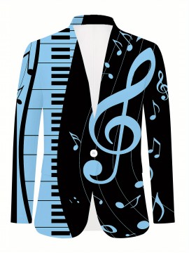 Plus Size - Women'S Musical Notes & Piano Keys Printed Suit Jacket - V-Neck Single Button Slim Fit Blazer, Black with Blue Musical Notes, All-Season Office & Casual Wear, Elegant Music-Themed Professional Apparel, Musicthemed Clothing, Durable Fabric