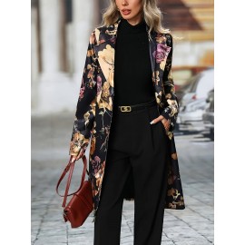 Plus Size - Plus Size Women'S Elegant Floral Print Blazer - Long Sleeve, Single-Breasted, Non-Stretch Fabric, Lapel Collar, Regular Fit, Fall/Winter Casual, Casual Wear Blazer | Floral Print Blazer | Nonstretch Fa