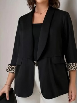 Plus Size, Black leopard print plus-size Women's suit jacket with spliced cuffs, elegant office attire for daily commuting