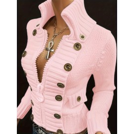Multi-button decorated large zipper stand-up collar slim-fit cardigan