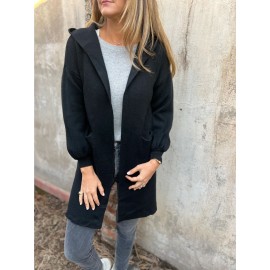 Women's Fleece Hooded Jacket - Elegant Casual Winter Coat with Full-Length Pockets, Machine Washable Outerwear in Black, Brown, Grey, Navy, or Beige - Cozy Fall & Winter Outerwear for Everyday or Formal Events