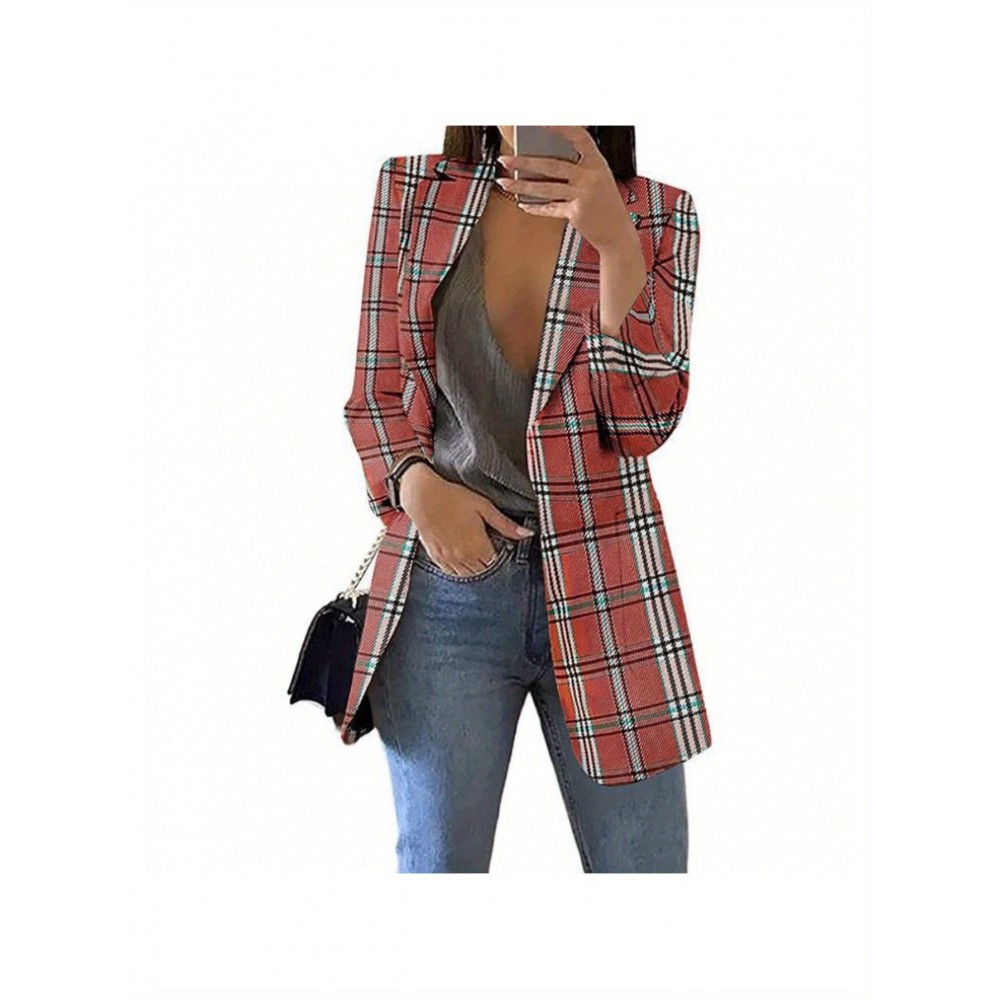 Plus Size - Plus Size, Women'S Plus Size Blazer Jacket - Vintage Red/Black/Plaid, Not See-Through Fabric, Front Opening Long Sleeve Cardigan Coat for Office, Party, Everyday - Sizes L-3XL (Curvy Women Fit) - Spring/Fall Outerwear, Party Outfit, Fall Wardrobe, Slim Fit, Durable Material, Quality Stitching, Stylish Coatigan, Women Blazer, Red Blazer For Women Plus Size, Women Plus Leopard Blazer With Pix Fur, Plus Size Blazer For Curvy Women, Business Casual Women Plus Size